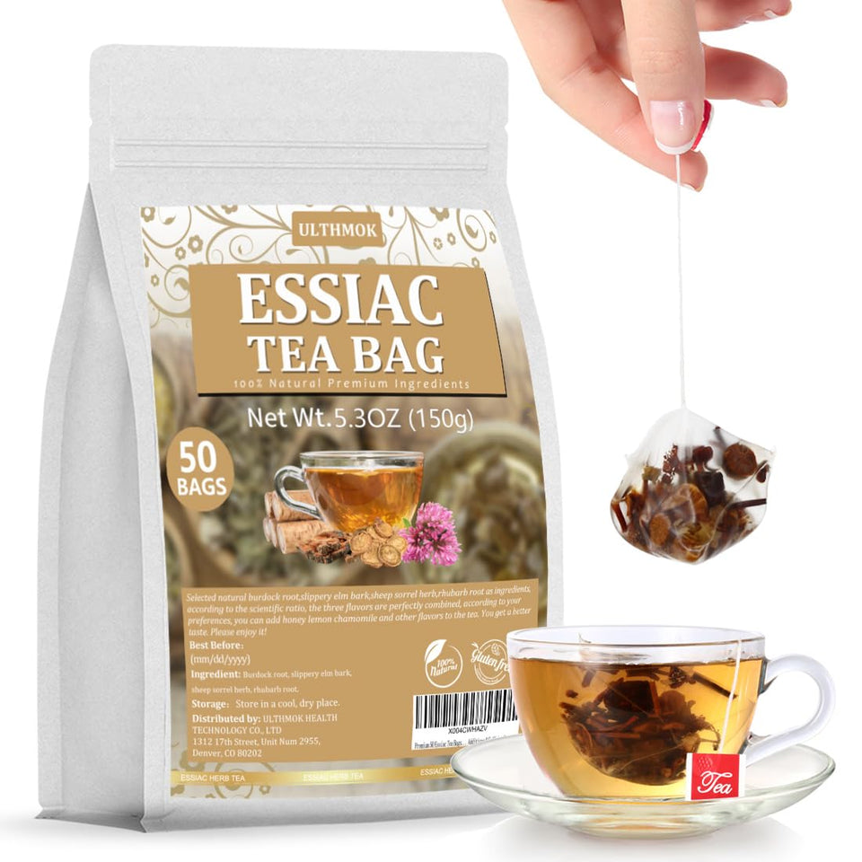 ULTHMOK Essiac tea bags in pyramid packaging for a calming daily brew.