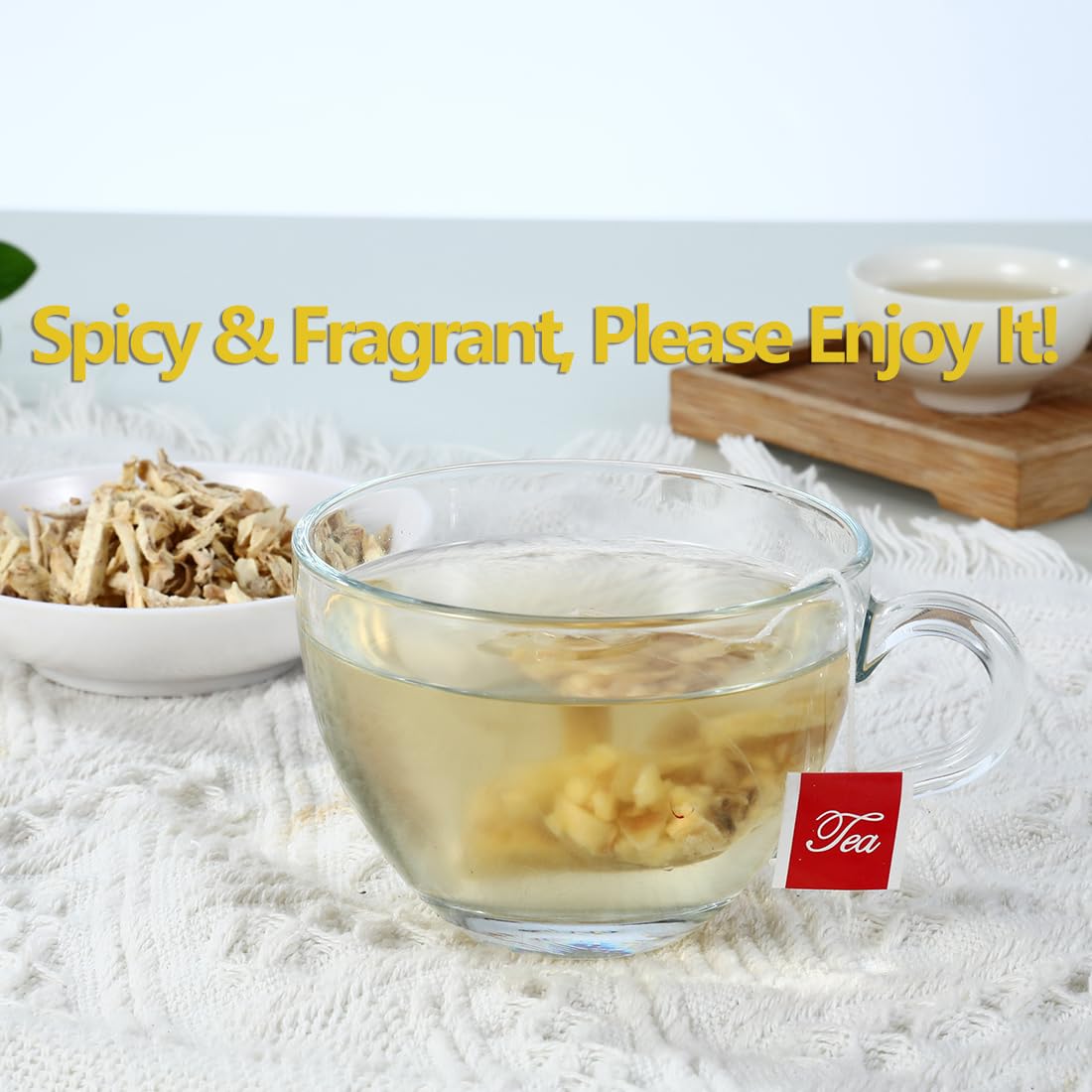 ULTHMOK ginger tea bags steeping in hot water release spicy aroma
