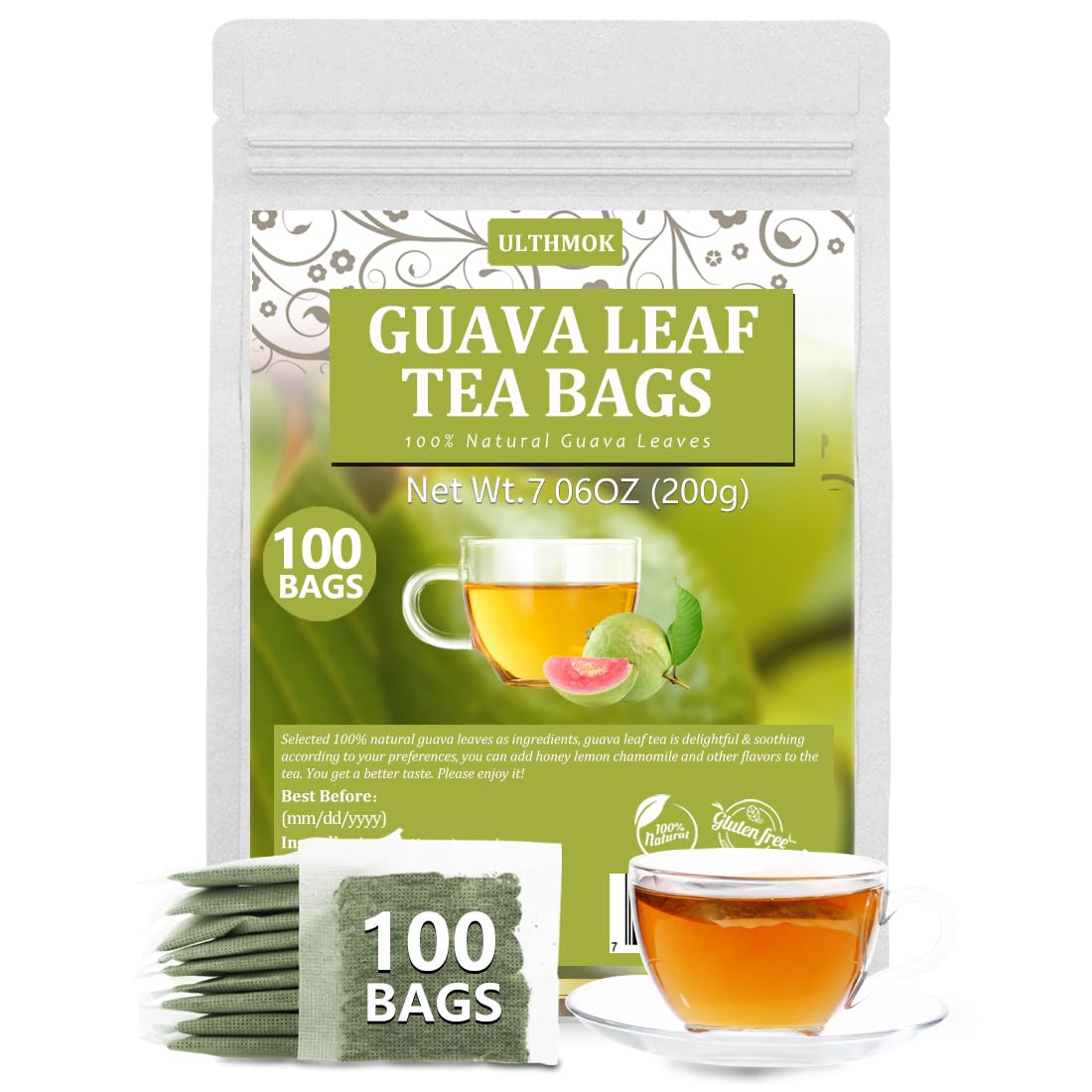 ULTHMOK Premium Guava Leaf Tea Bags packaging showing natural single-ingredient design