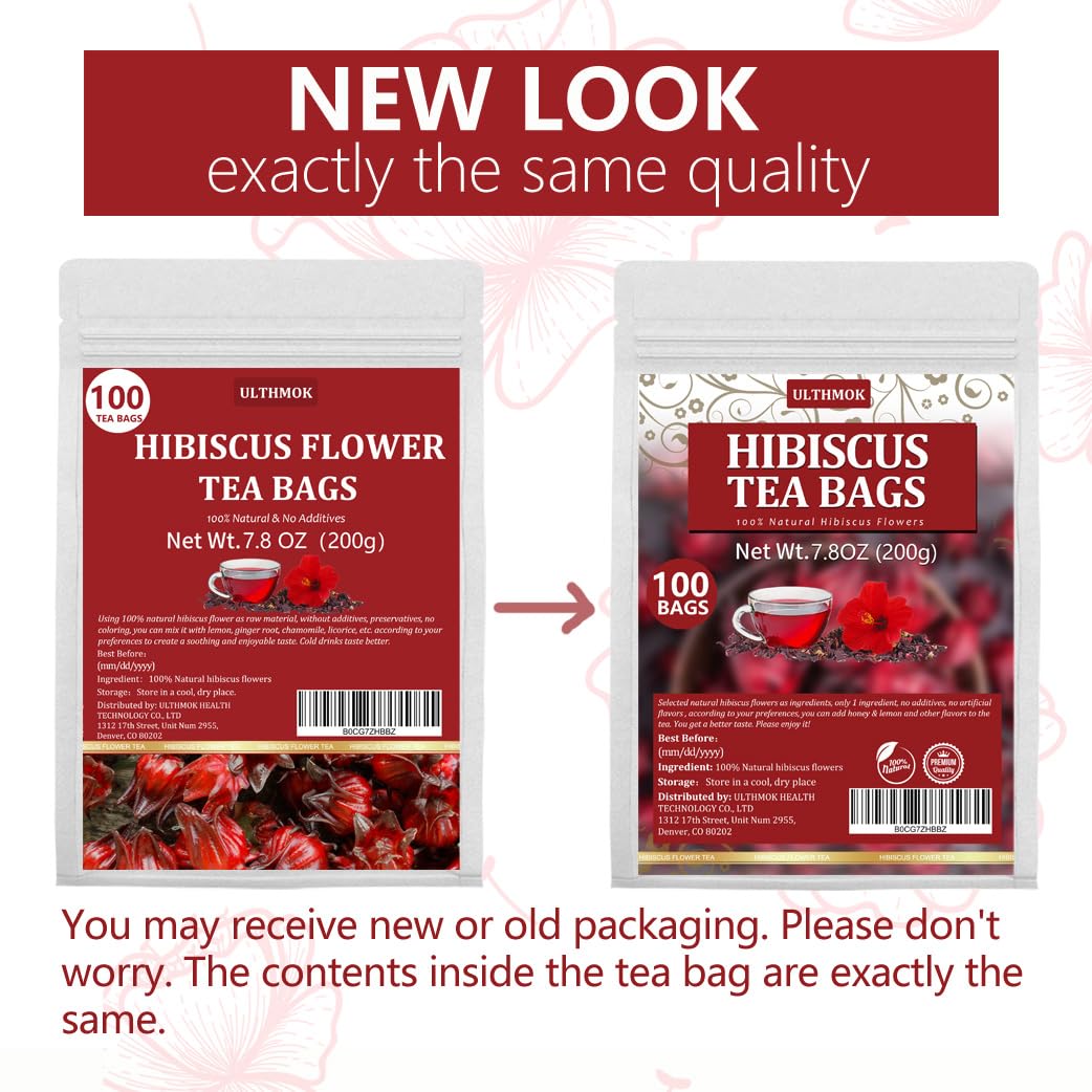 ULTHMOK Hibiscus Tea Bags closeup flowers, vibrant petals and fresh aroma.