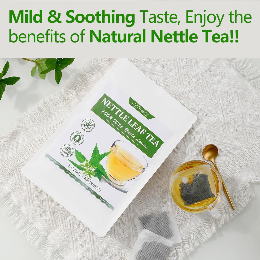 ULTHMOK nettle tea bags closeup of leaves highlights pure, additive-free ingredients