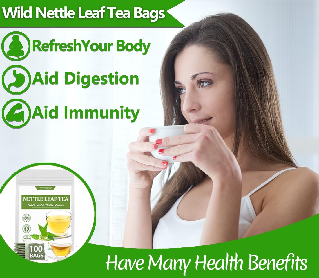 ULTHMOK nettle tea bags steeping scene conveying a calming tea ritual
