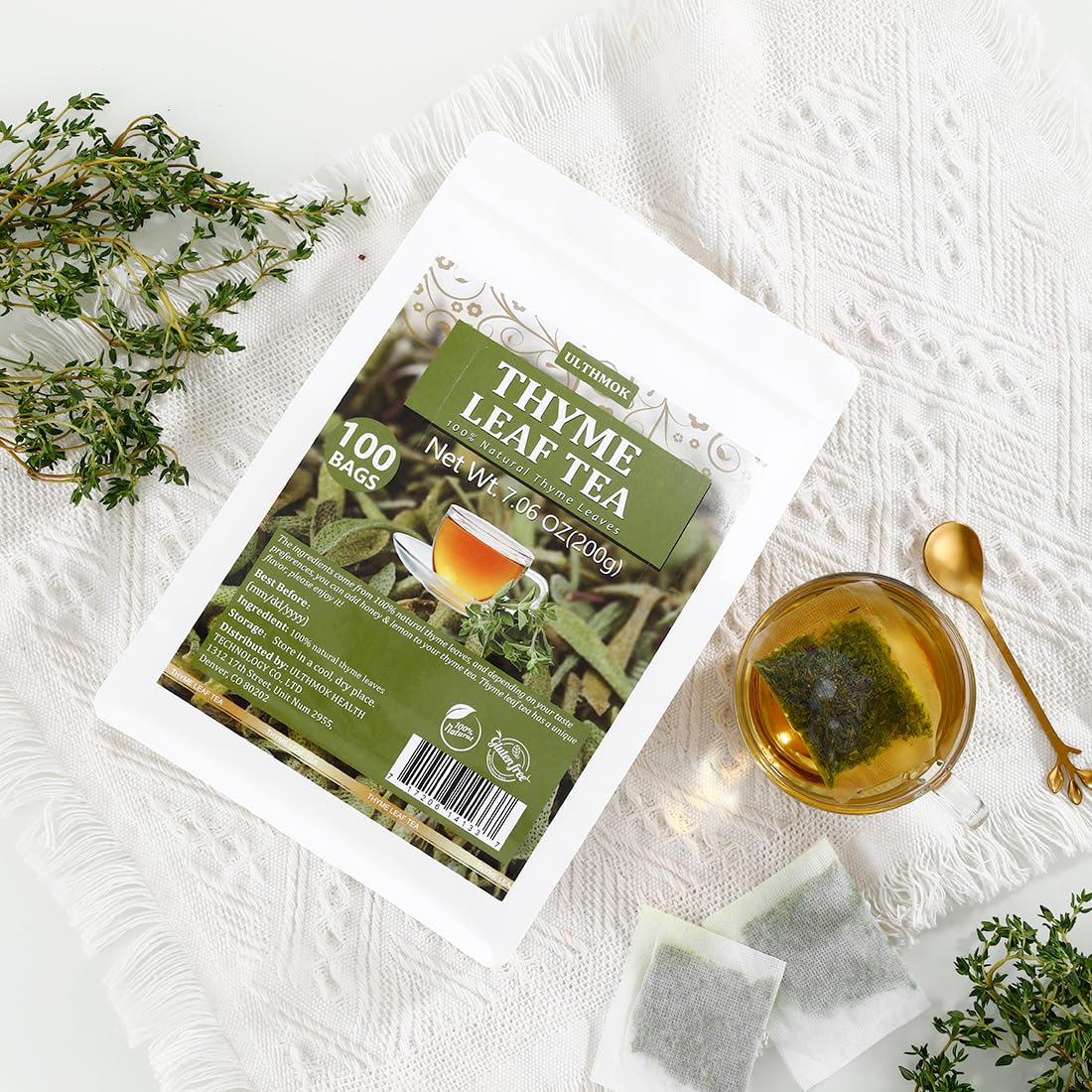 ULTHMOK packaging with label showing caffeine-free thyme tea