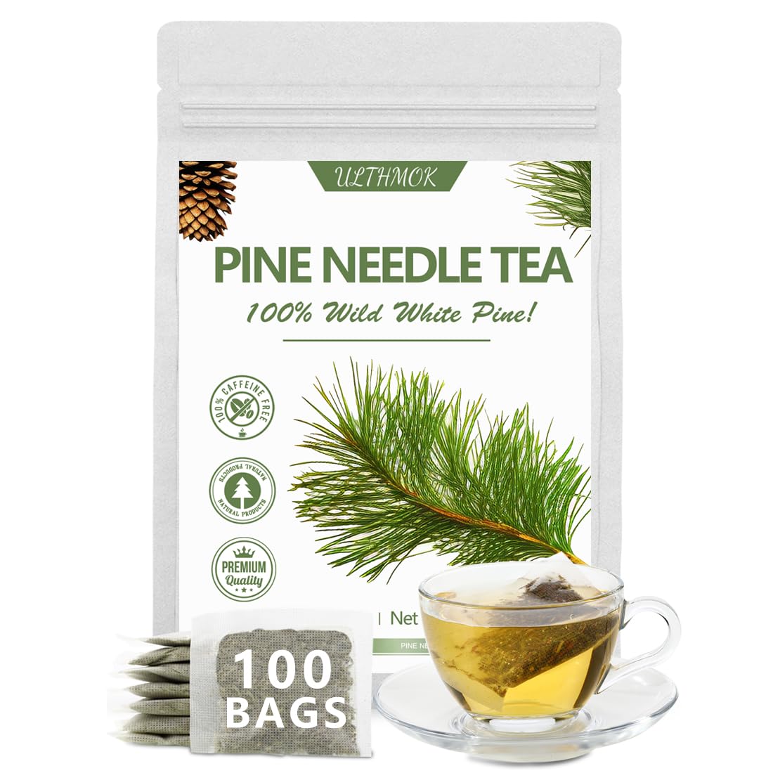 ULTHMOK pine needle tea bags packaging showcases natural, additive-free quality.