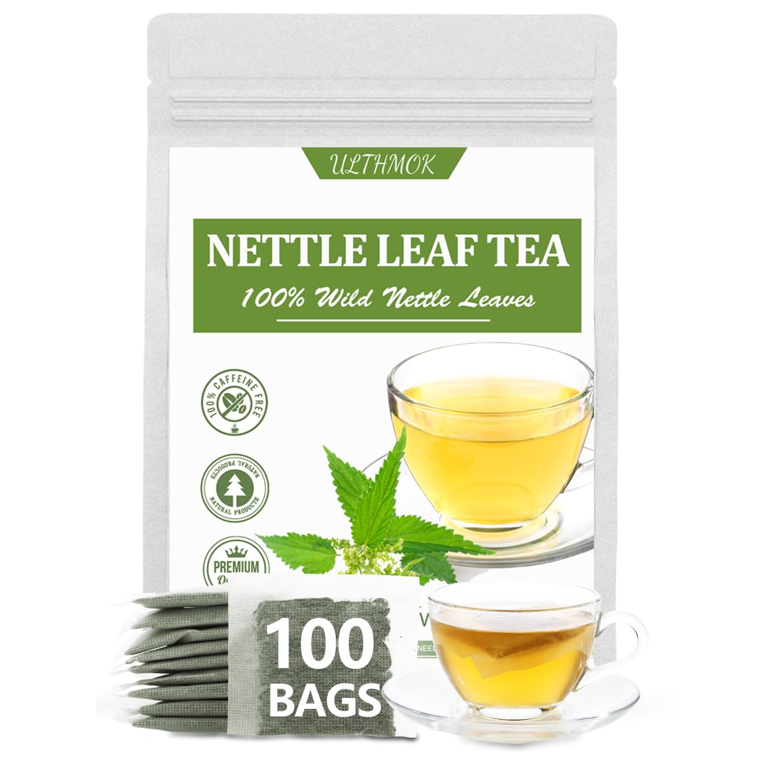 ULTHMOK premium nettle tea bags packaging shows 100% wild leaves for a fresh brew