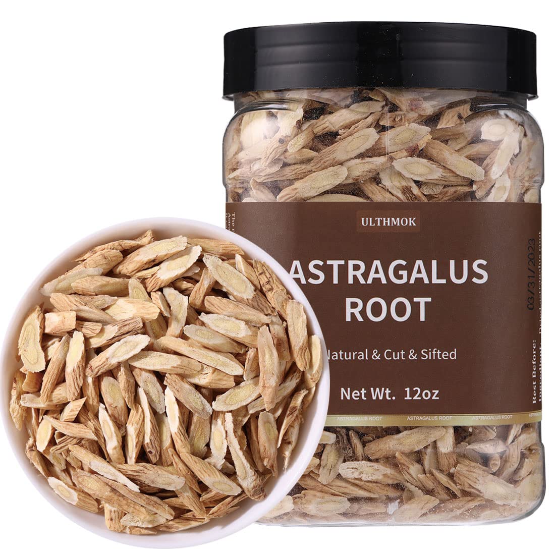 ULTHMOK astragalus tea slices in jar close-up preserving aroma