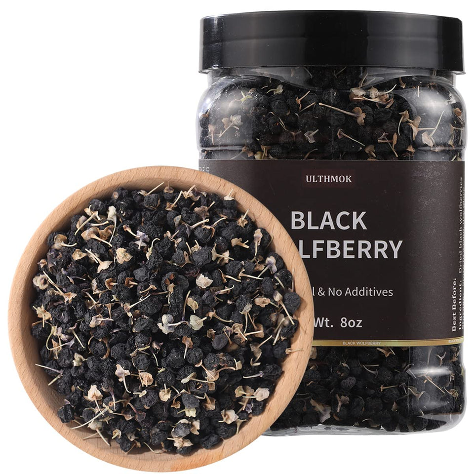 ULTHMOK premium black goji tea jar shows whole berries for rich aroma.