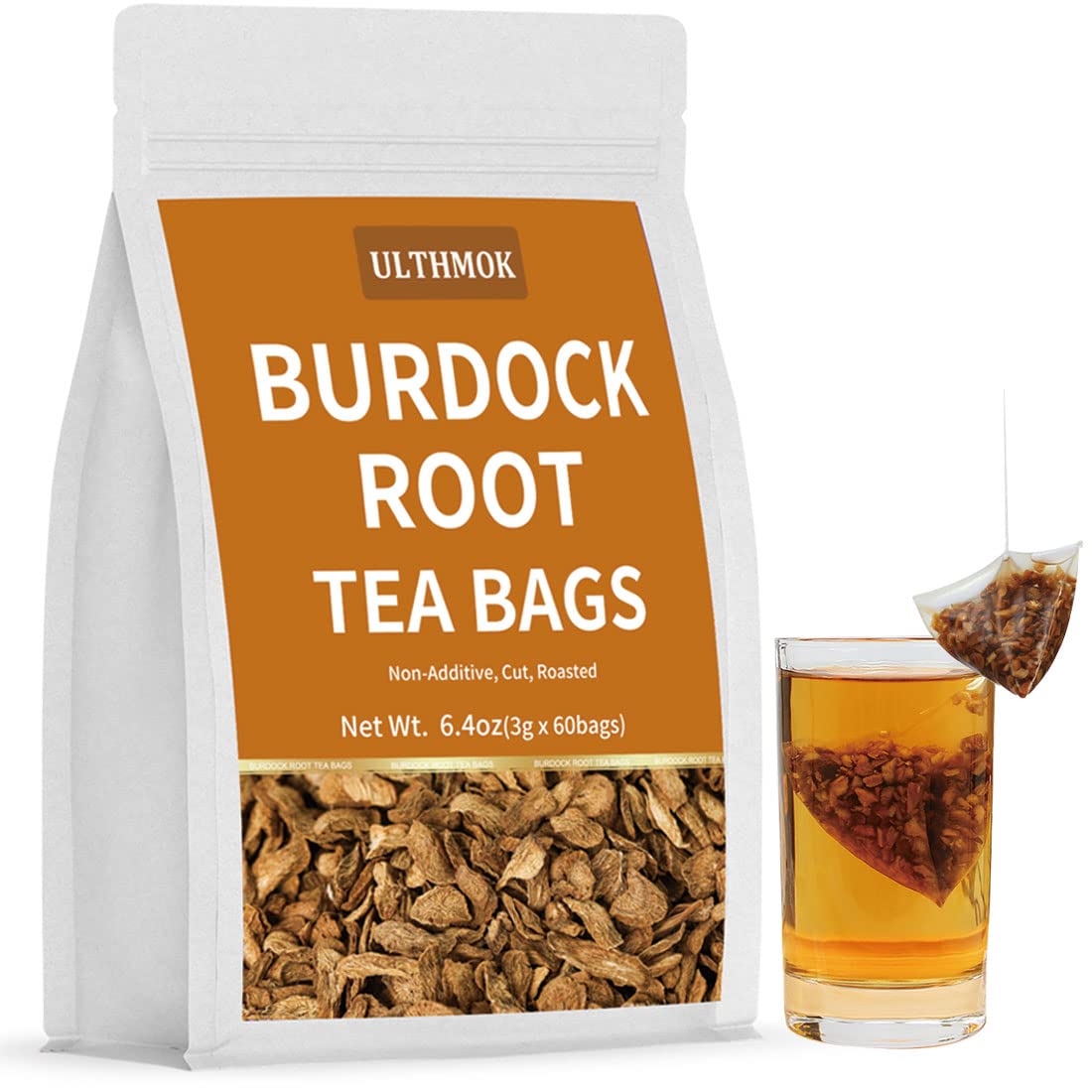 ULTHMOK premium burdock tea bags packaging highlighting natural farming and caffeine-free tea.