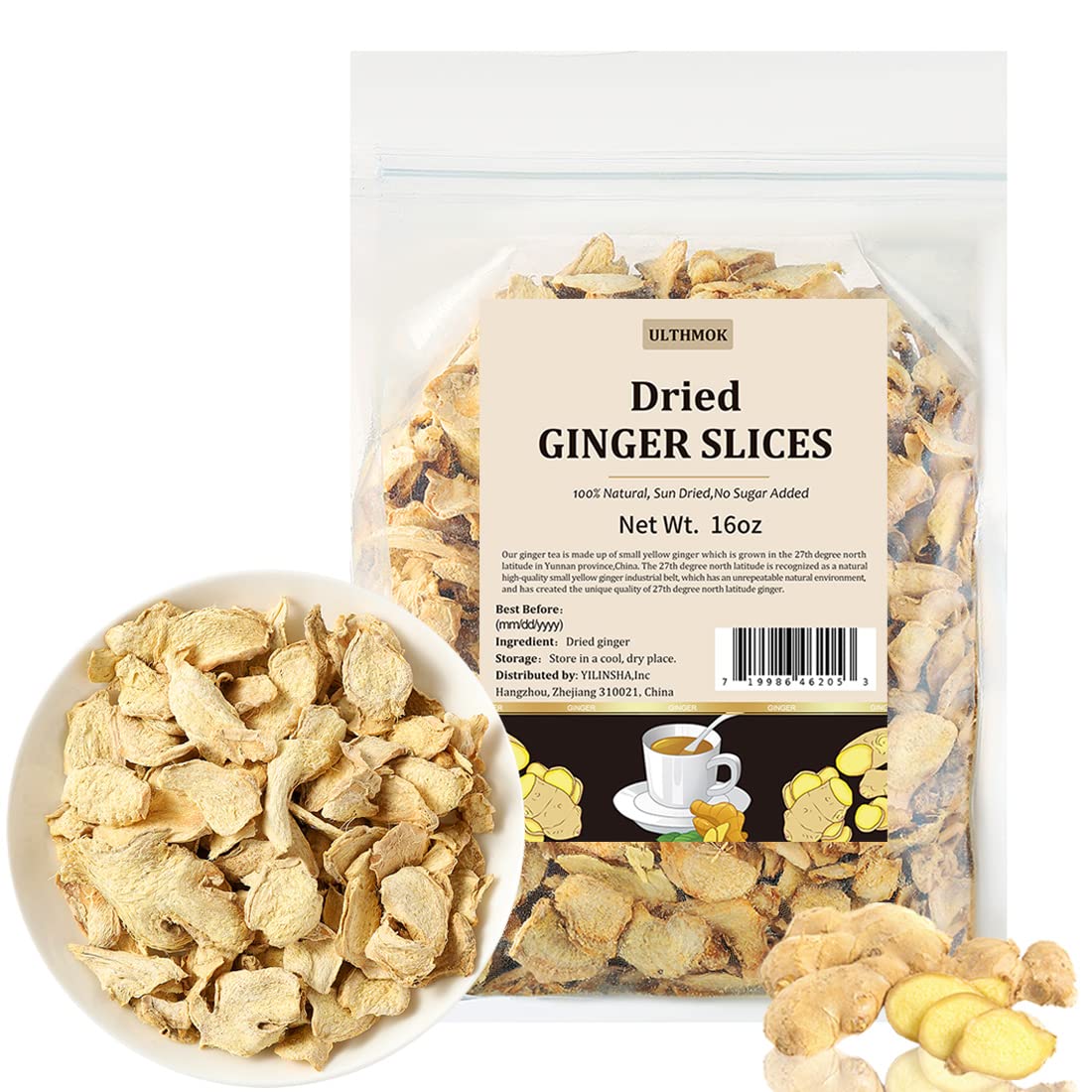ULTHMOK Premium Ginger Root 1lb slices with rich aroma for tea and cooking.