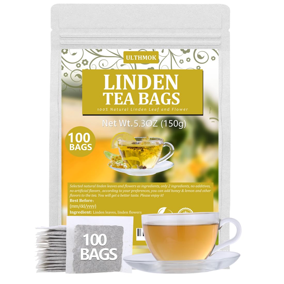 ULTHMOK premium linden tea bags packaging shows pure natural leaves and flowers for soothing moments.