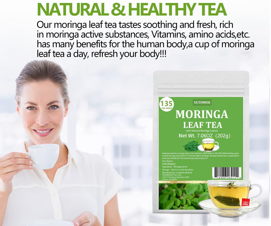 ULTHMOK Premium Moringa Tea packaging front highlighting purity and value.