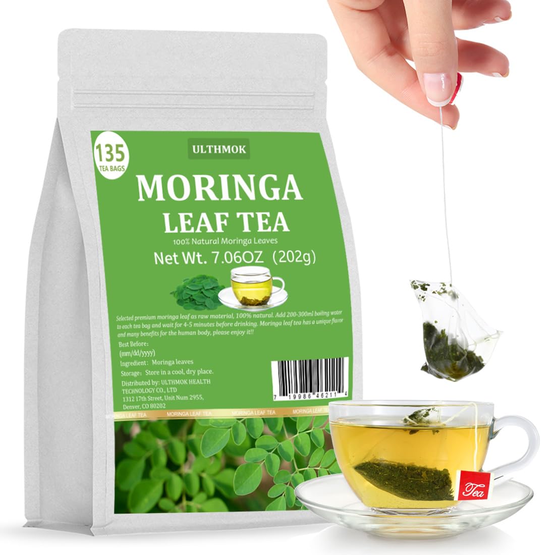 ULTHMOK Premium Moringa Tea bags pack, pure leaves for a natural, additive-free brew.