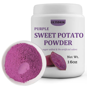 ULTHMOK purple sweet potato powder in a jar, ideal for natural color in baking.