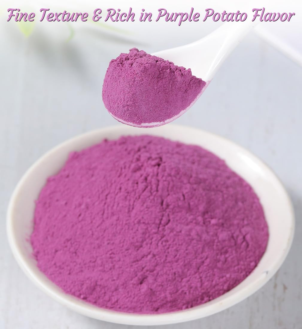 ULTHMOK purple potato powder in a bowl, ready for smoothies or batter.