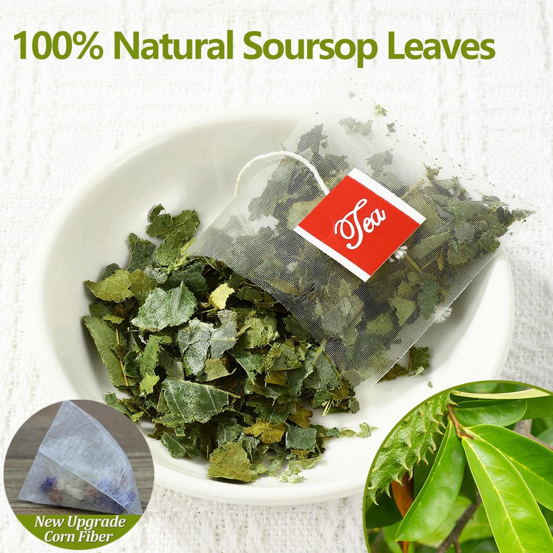 ULTHMOK Soursop Tea Bags shown with dried leaves highlighting single ingredient purity