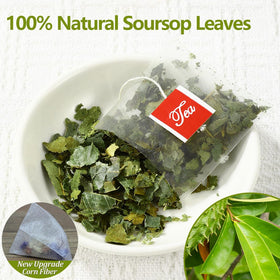 ULTHMOK Soursop Tea Bags shown with dried leaves highlighting single ingredient purity