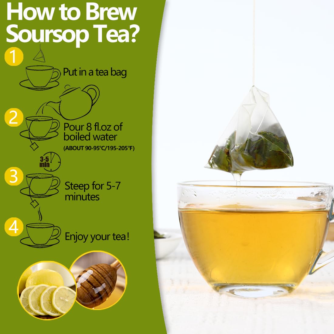 ULTHMOK Soursop Tea in a steaming cup suggests a calming caffeine free moment