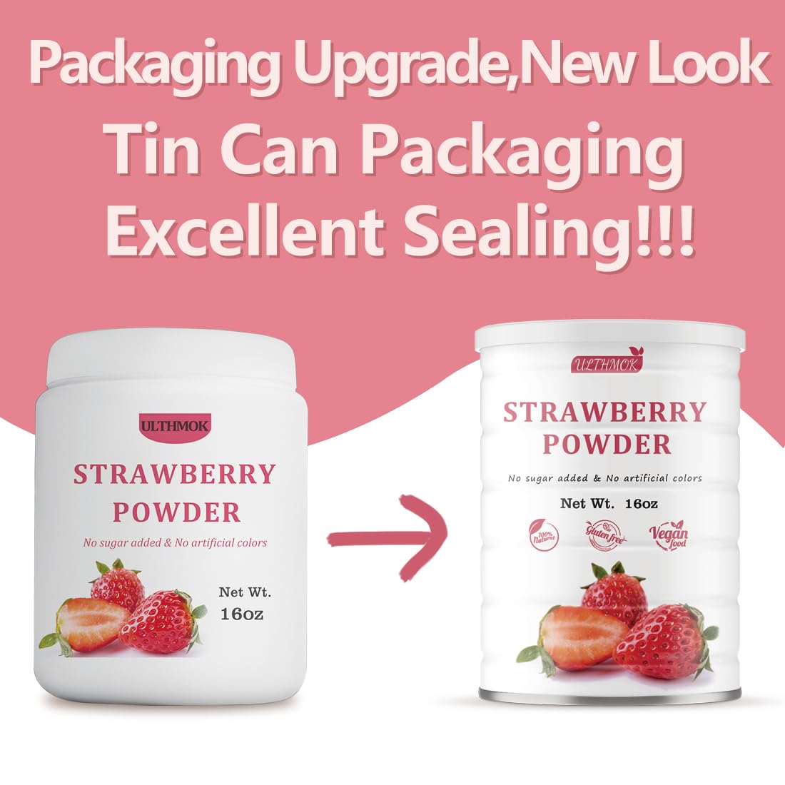 ULTHMOK strawberry powder closeup highlights vibrant color and 100% natural ingredients.