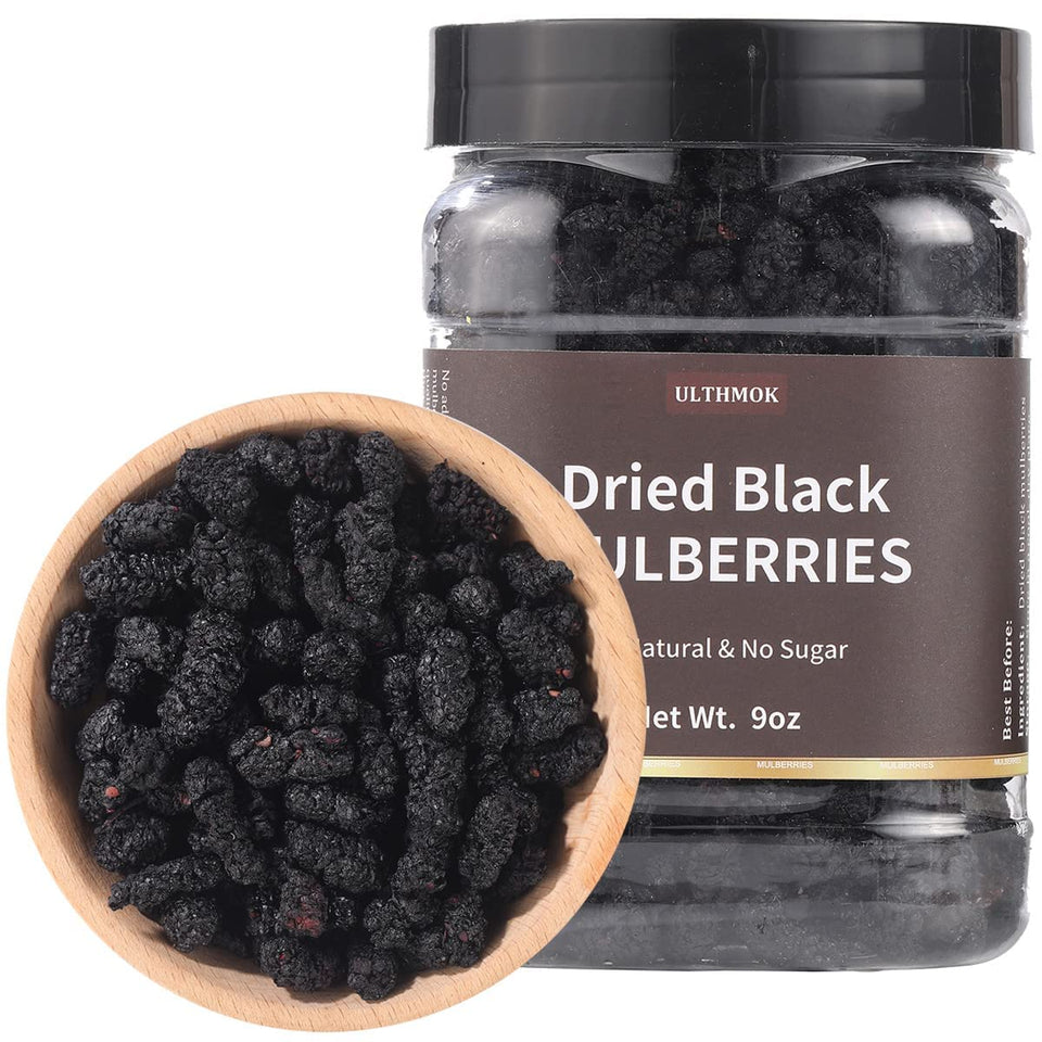 ULTHMOK top-grade dried black mulberries 9 oz, ready to snack.