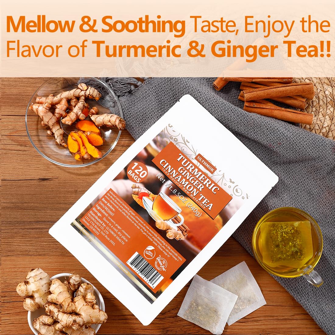 ULTHMOK turmeric-ginger-cinnamon tea bags close view of ingredients