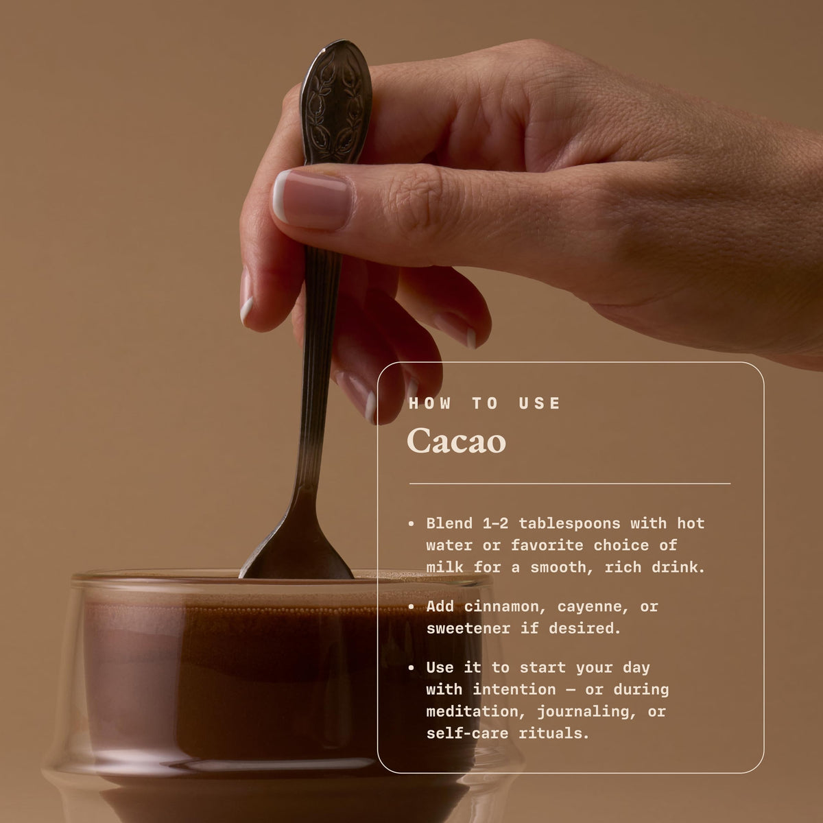 Ultra Life Sport ceremonial cacao powder poured into a mug for a gentle energy boost.