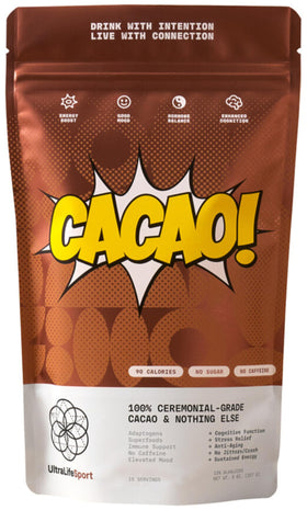 Ultra Life Sport ceremonial cacao powder packaging showcasing premium organic cacao.