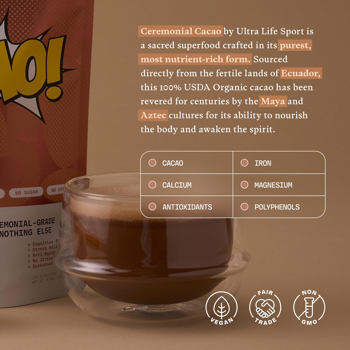 Ultra Life Sport cacao powder smoothie image highlighting antioxidants and minerals.