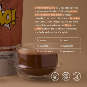 Ultra Life Sport cacao powder smoothie image highlighting antioxidants and minerals.