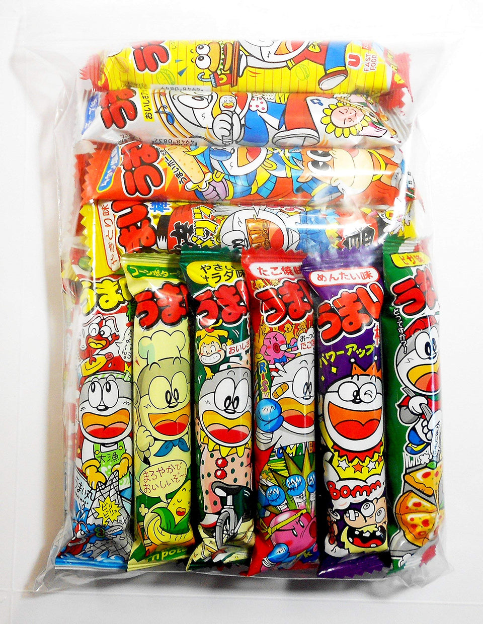 Umaibo variety pack with 20 individually wrapped snacks in 10 flavors for convenient snacking.