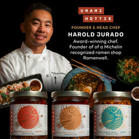 Umami Hottie jar on table with natural ingredients for a home kitchen vibe