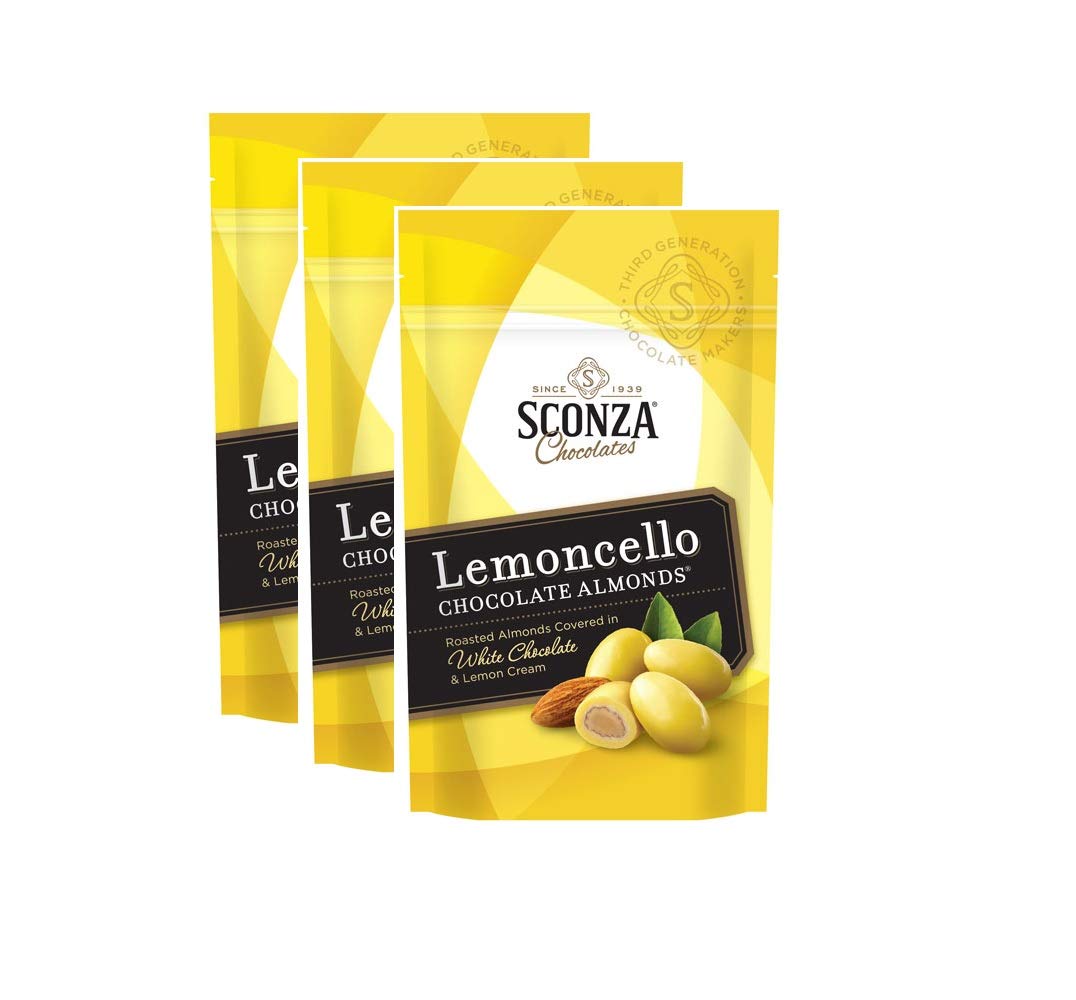 UMEBEAM Sconza Lemoncello chocolate almonds in a stand-up pouch for convenient snacking and gifting