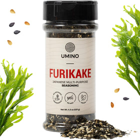 Umino Furikake bottle being poured for quick umami boost on bowls.
