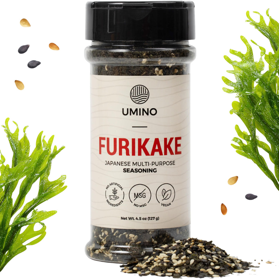 Umino Furikake bottle being poured for quick umami boost on bowls.