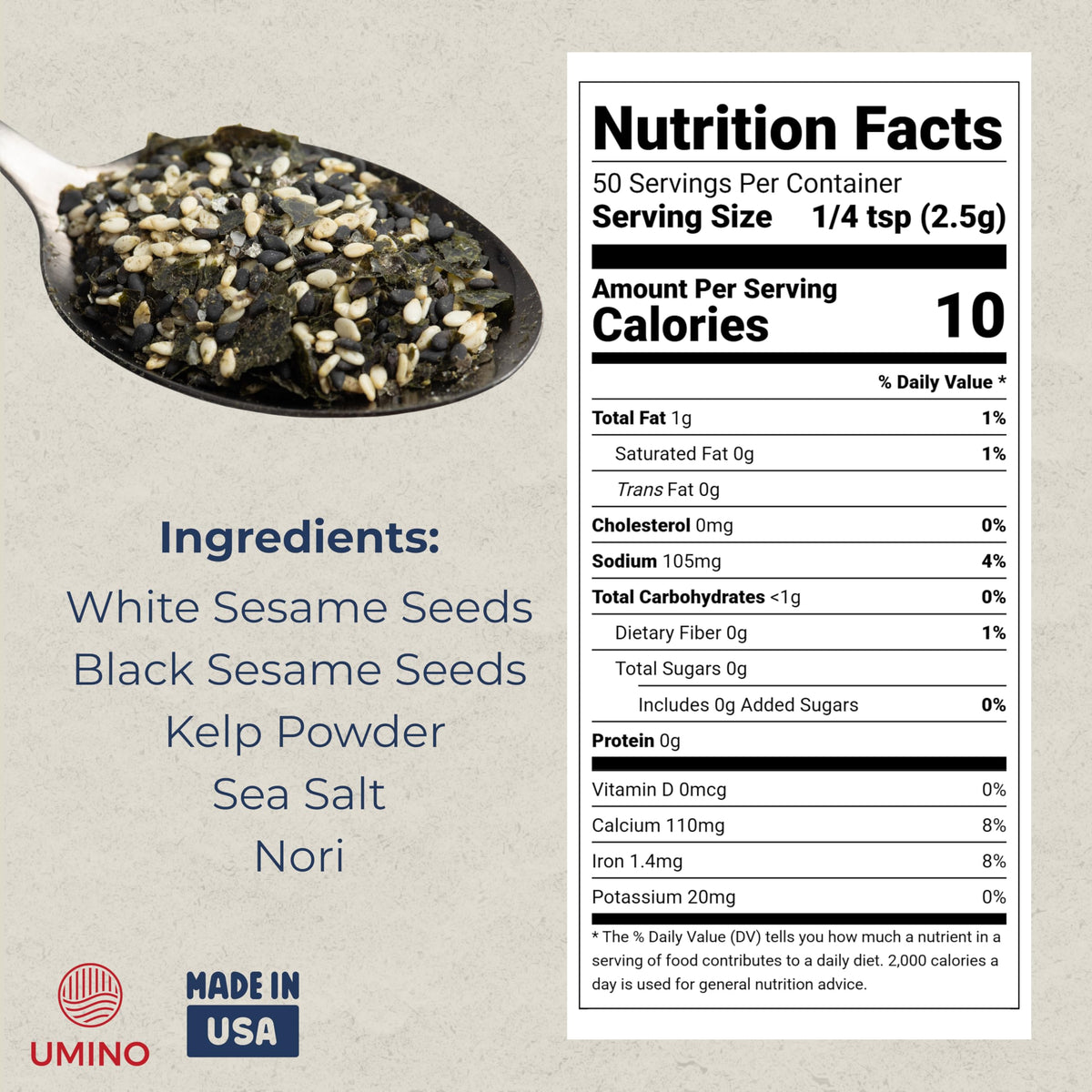 Umino Furikake sea salt crystals emphasize clean seasoning.