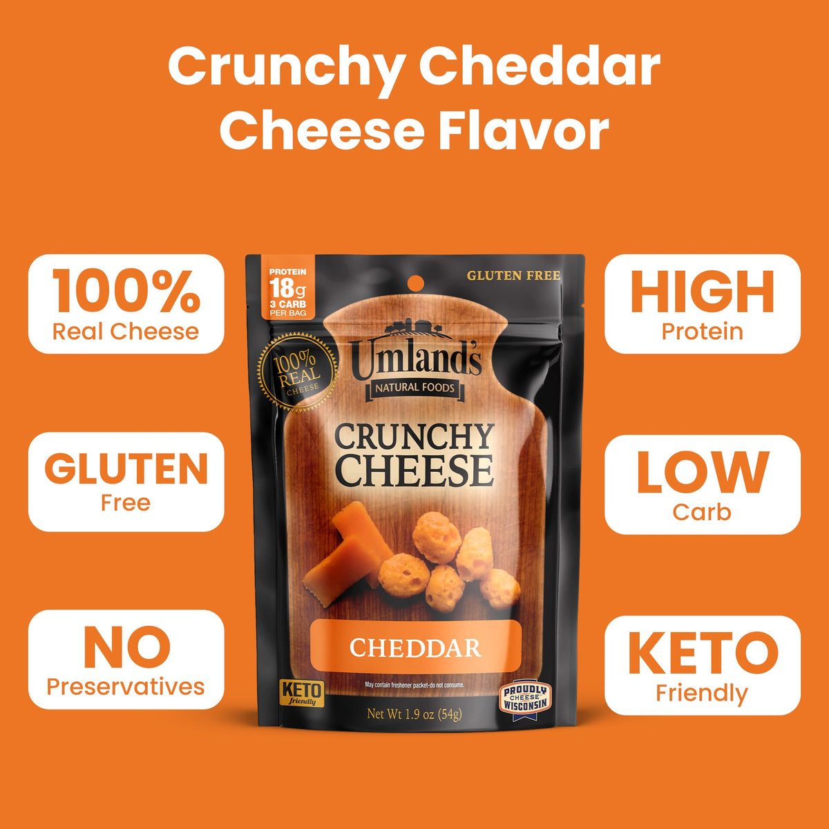 Umland's Crunchy Cheese cheddar bag closeup shows bold cheddar flavor and crunchy texture