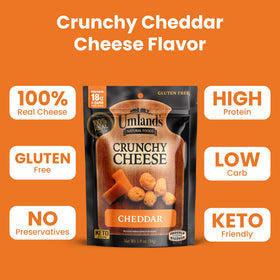 Umland's Crunchy Cheese cheddar bag closeup shows bold cheddar flavor and crunchy texture