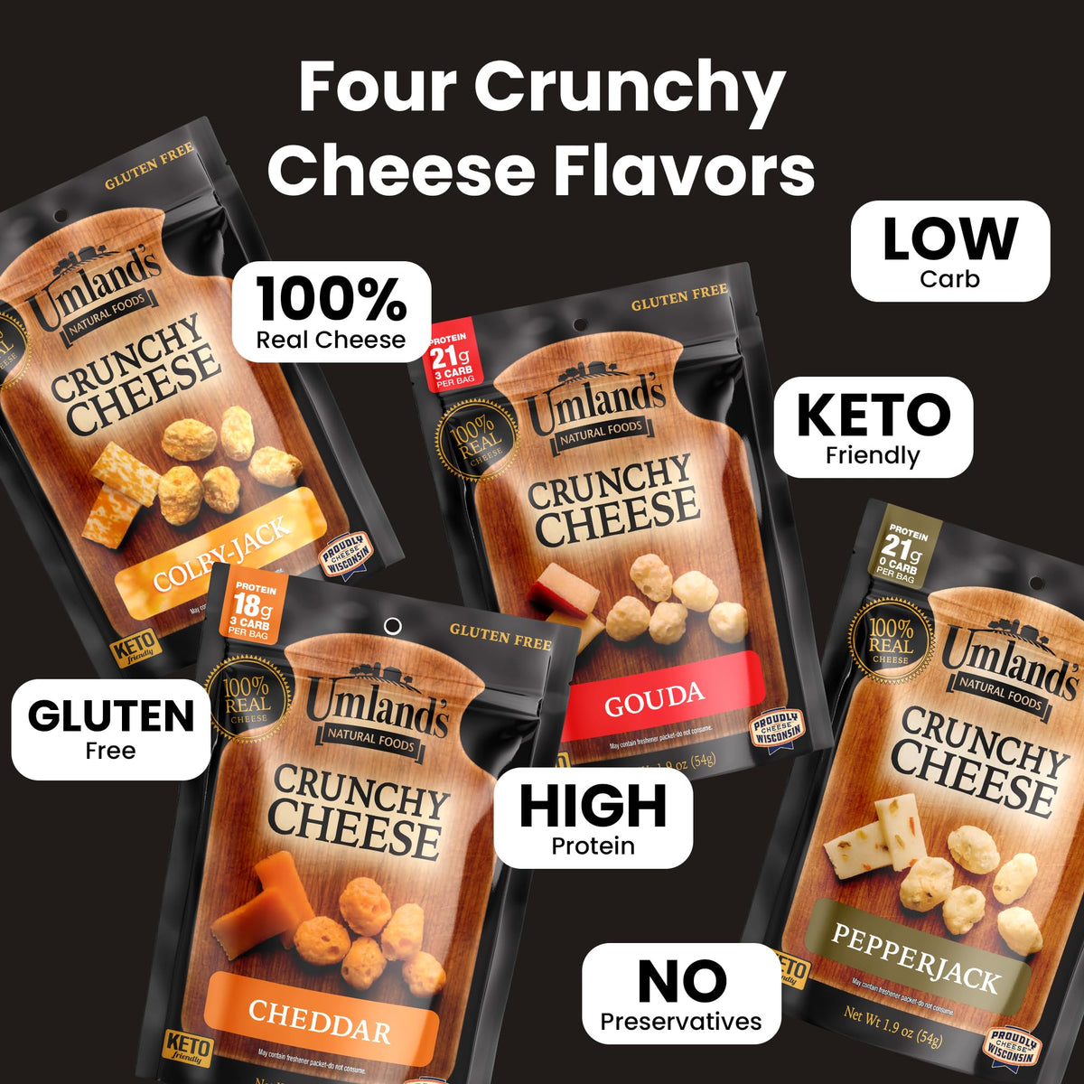 Umland's Crunchy Cheese Cheddar close-up highlighting crispy texture.