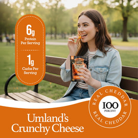 Umland's Crunchy Cheese cheddar nutrition panel emphasizes high protein and low carbs