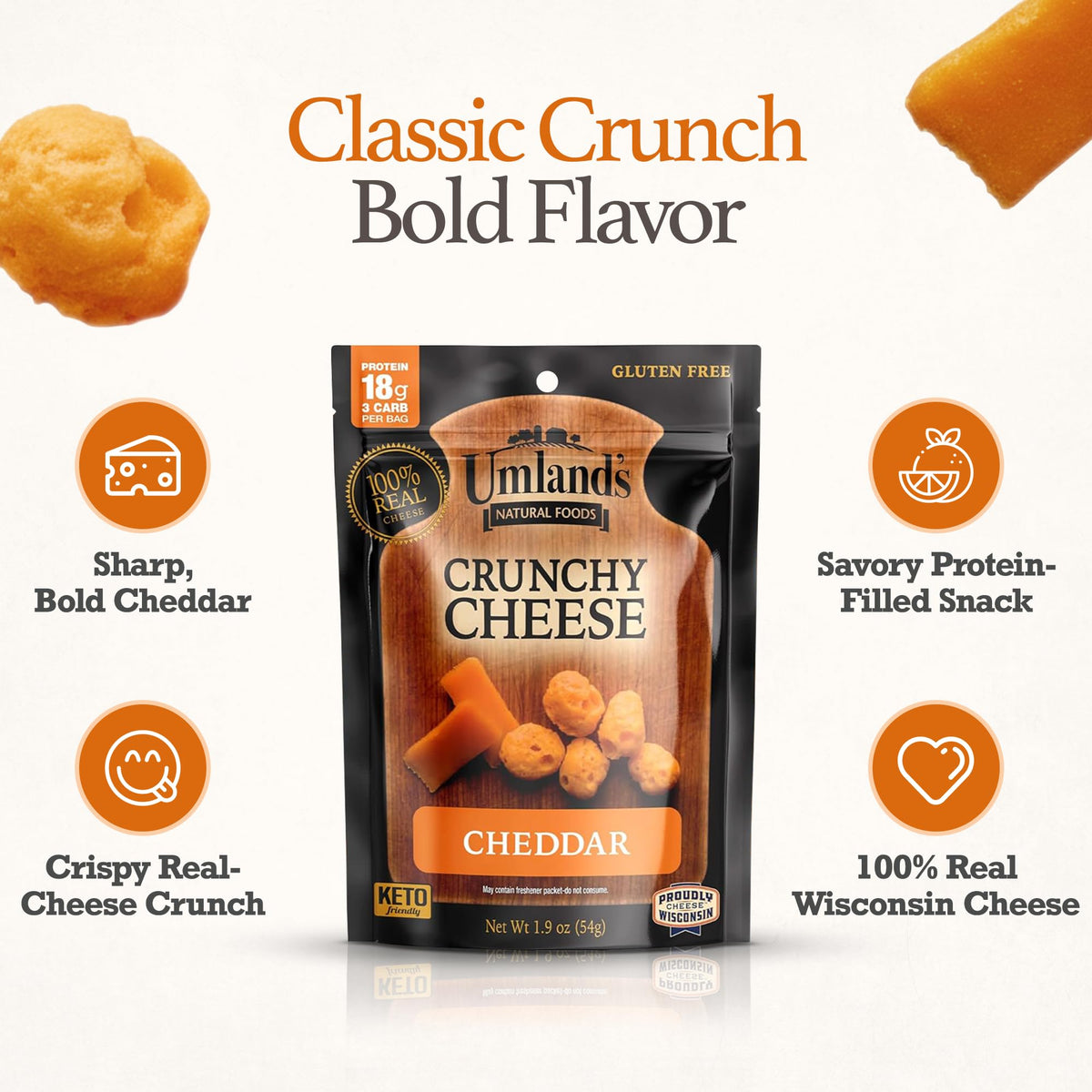 Umland's Crunchy Cheese cheddar on-the-go snack ideal for lunchboxes and travel