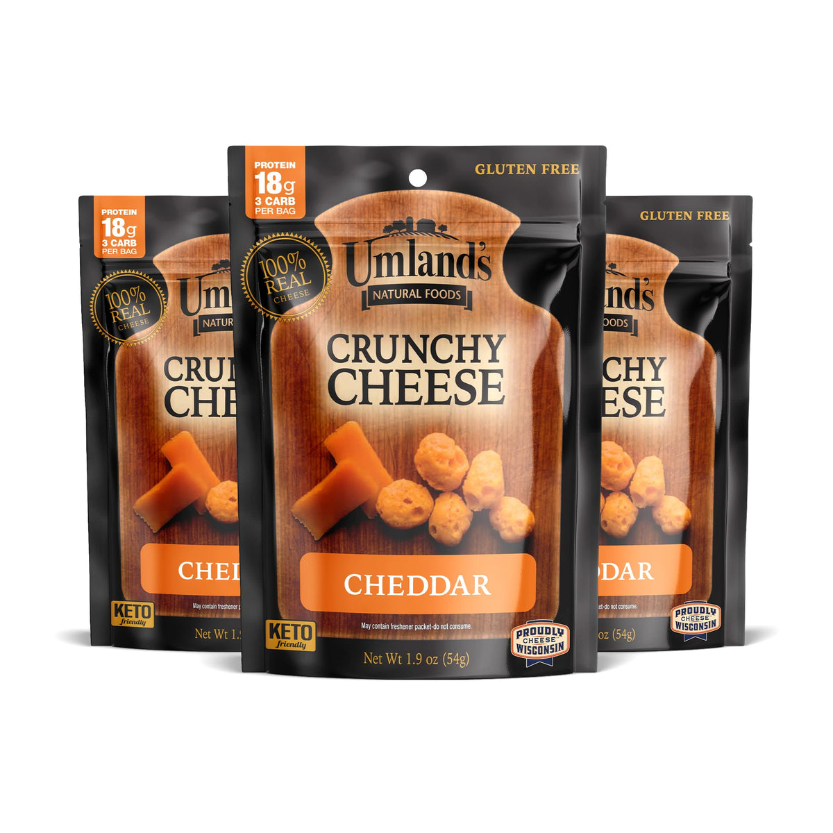 Umland's Crunchy Cheese cheddar pack shot highlights a convenient, three-pack snack option