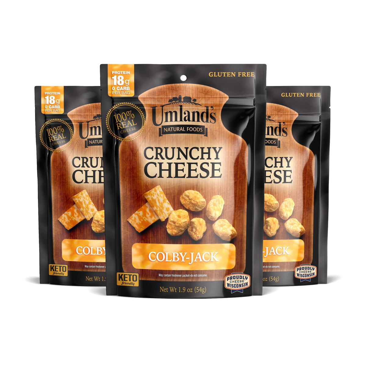 Umland’s Crunchy Cheese Colby-Jack close-up showing crisp texture for keto-friendly snacking.