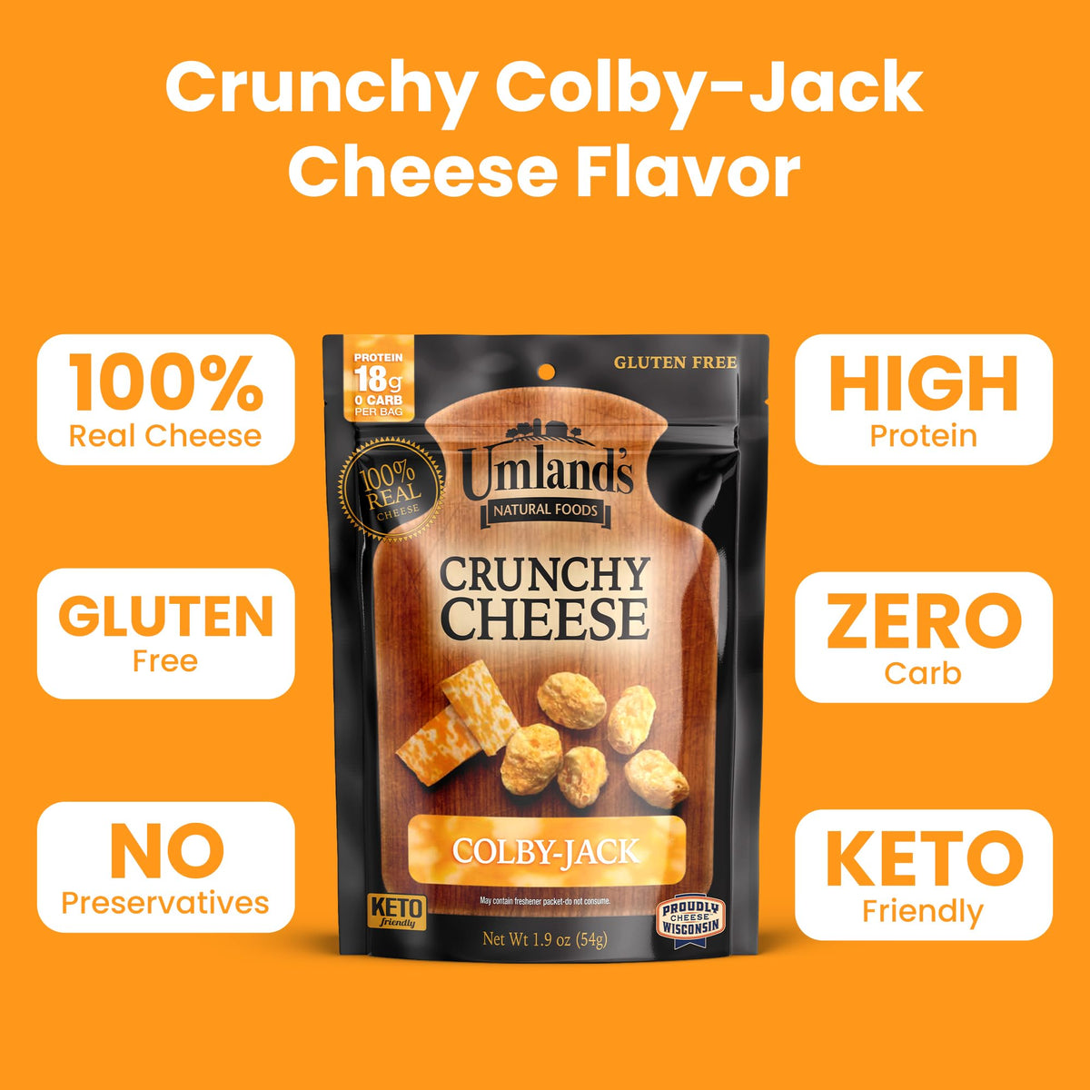 Umland’s Crunchy Cheese Colby-Jack packaging highlighting convenient three-pack.