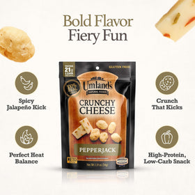 Keto-friendly badge on Umland's Pepper Jack crunchy cheese