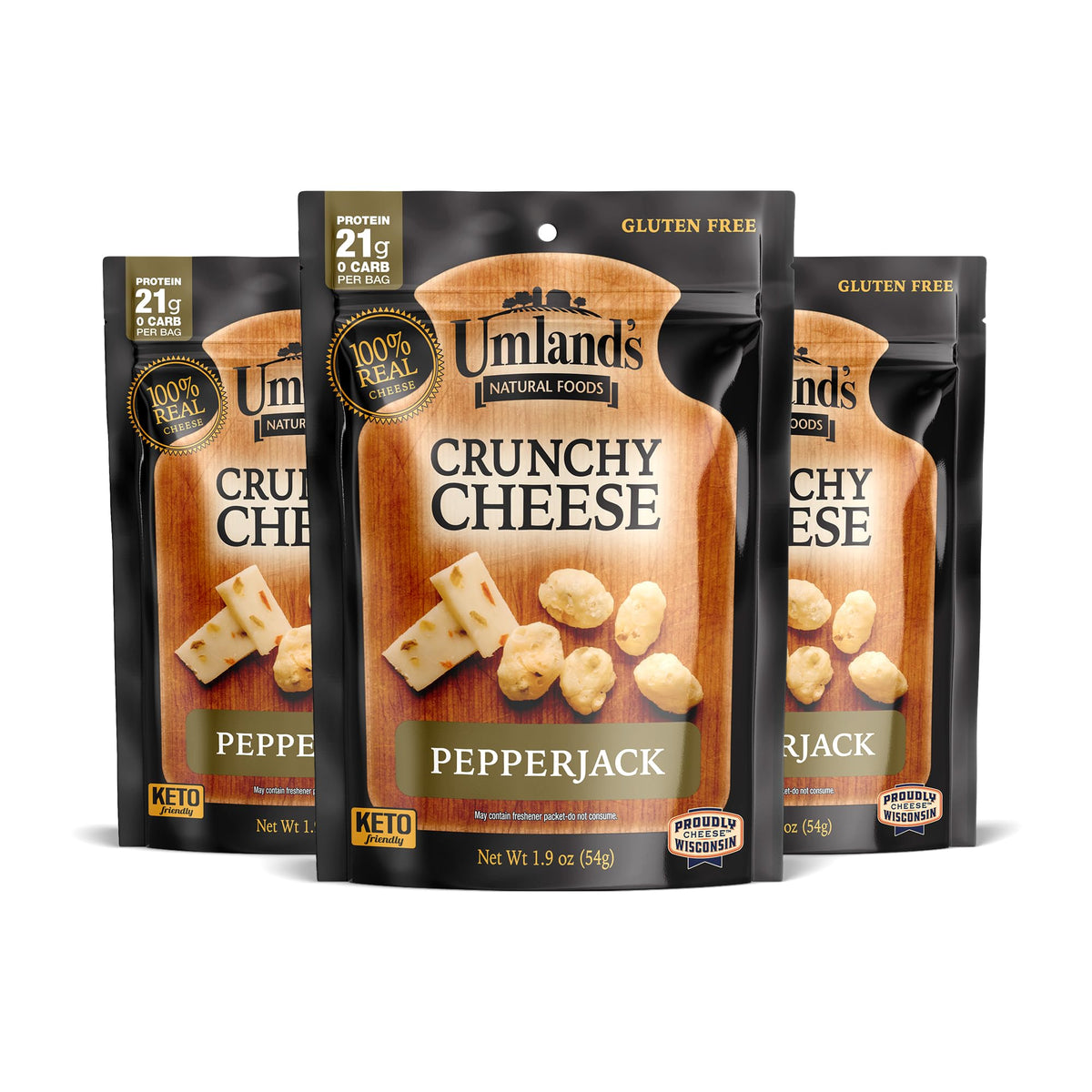 Umland's Crunchy Cheese Pepper Jack 3-pack pack shot for keto-friendly snacking