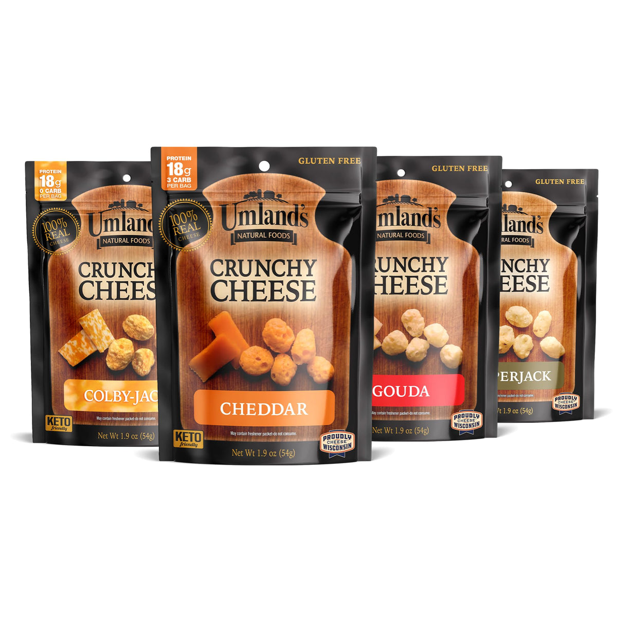 Umland's Crunchy Cheese variety pack front view for on-the-go snacking.