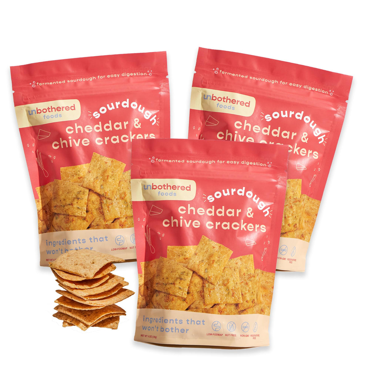 Unbothered Cheddar-Chive Sourdough Crackers pack, perfect for quick snacking.