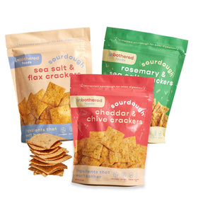 Unbothered Foods sourdough crackers pack front, great for casual snacking.
