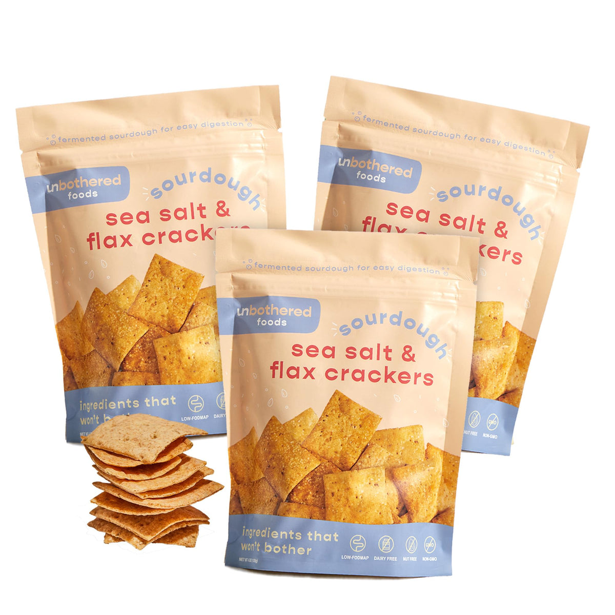 Unbothered Foods Sea Salt and Flax Crackers pack showing natural fermentation crunch