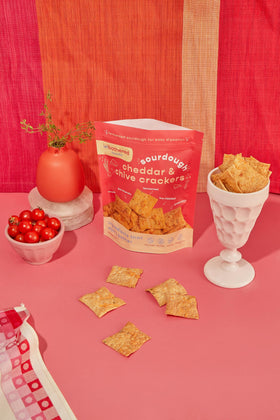 24-hour fermentation close-up highlights traditional, tangy flavor of crackers.