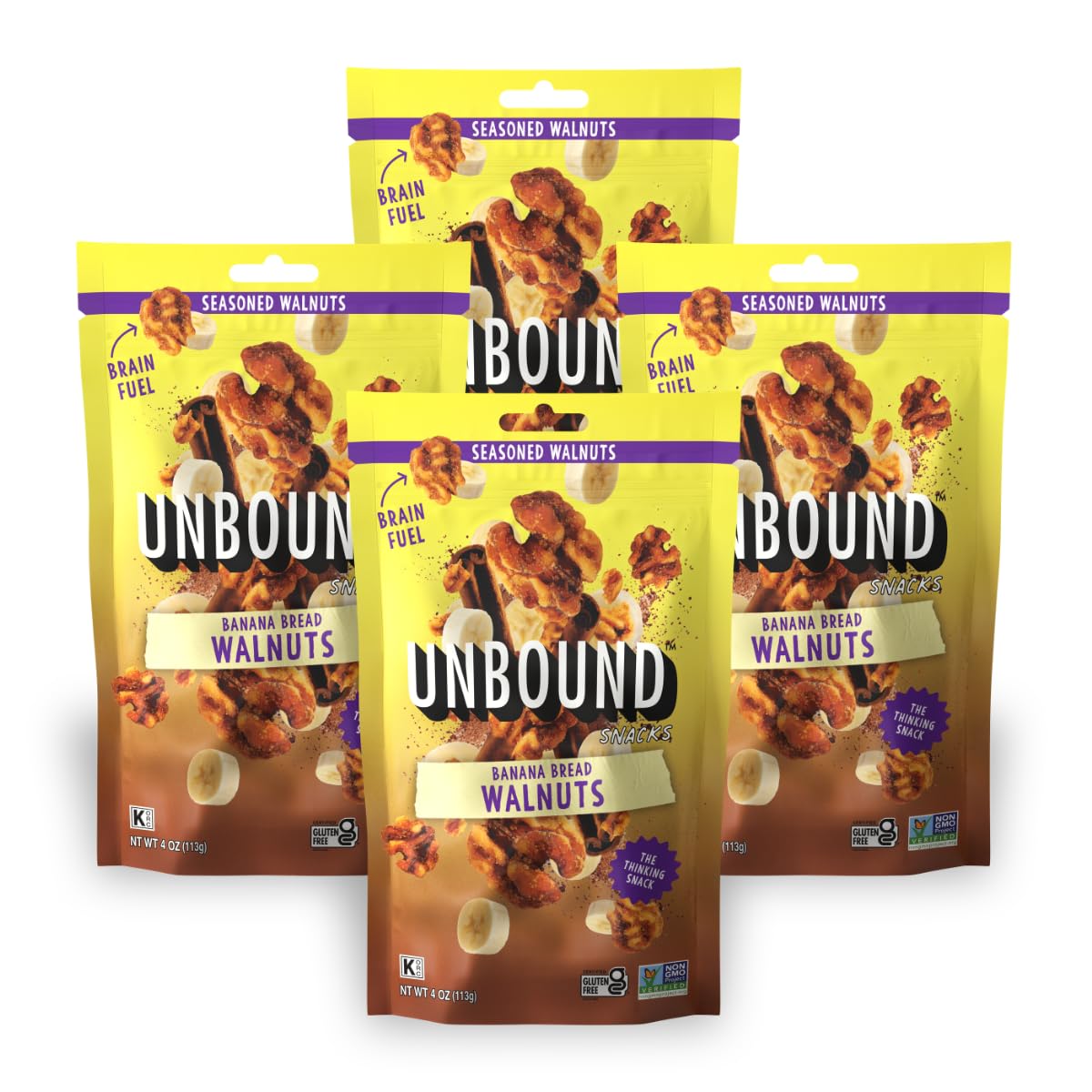 Unbound Snacks Banana Bread Walnuts in a resealable bag, protein-rich and gluten-free.